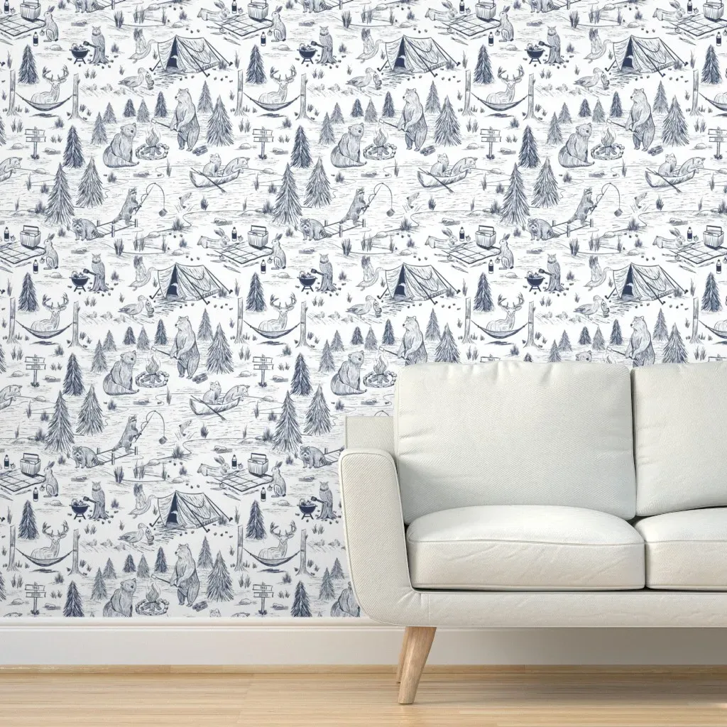 Camping Forest Animal Toile Peel and Stick Wallpaper - Navy Blue product