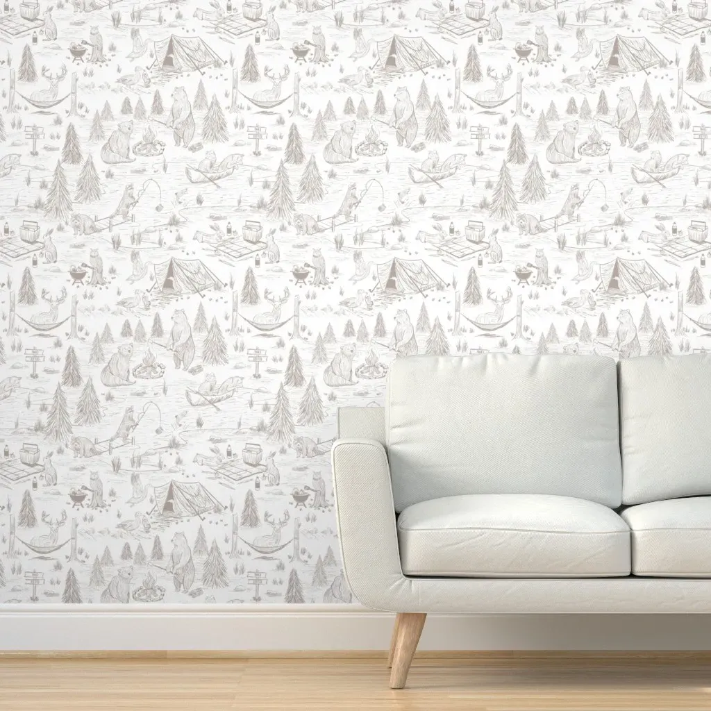 Camping Forest Animal Toile Peel and Stick Wallpaper - Taupe product