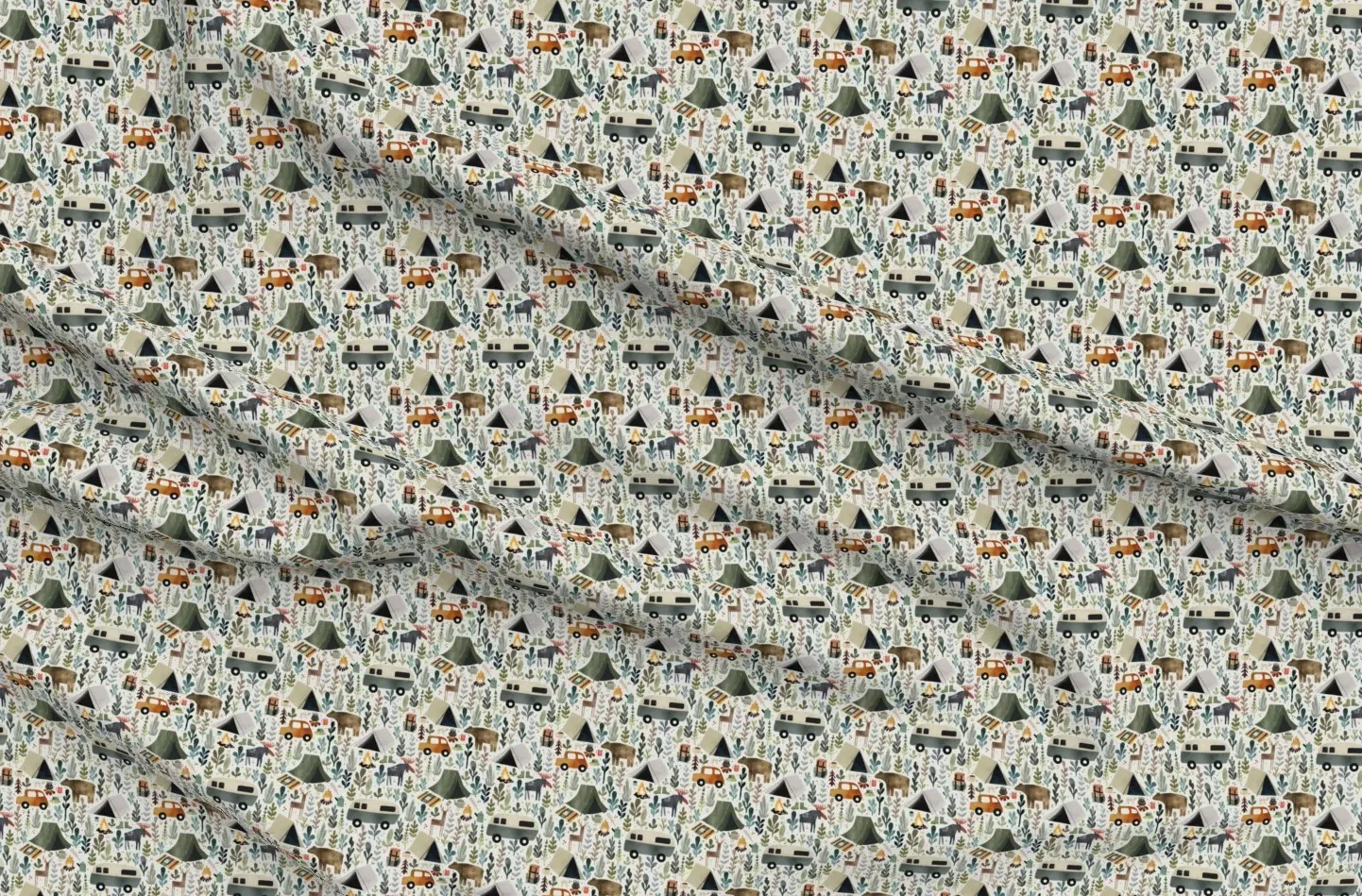 Camping Tents Watercolor Print Sport Pique Fabric - Off-White product