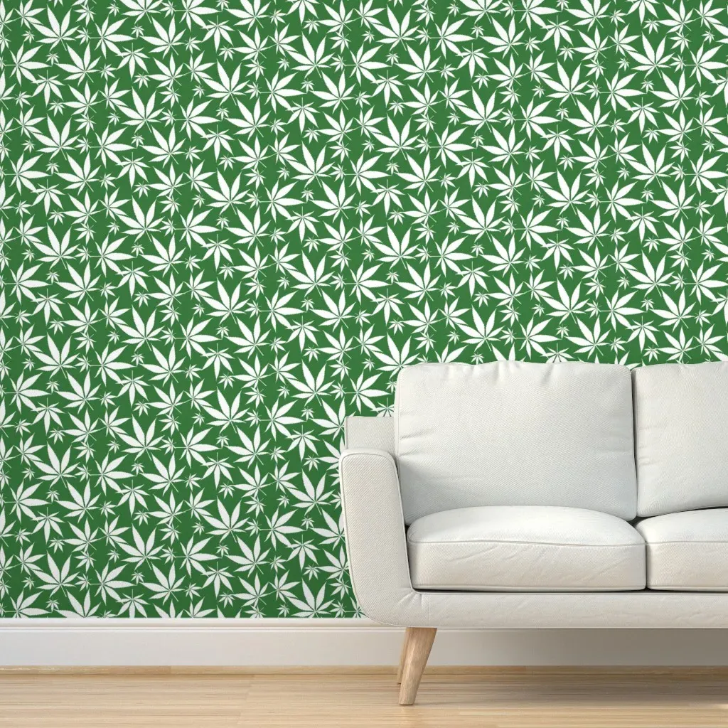 Cannabis Leaves Peel and Stick Wallpaper - White on Green product