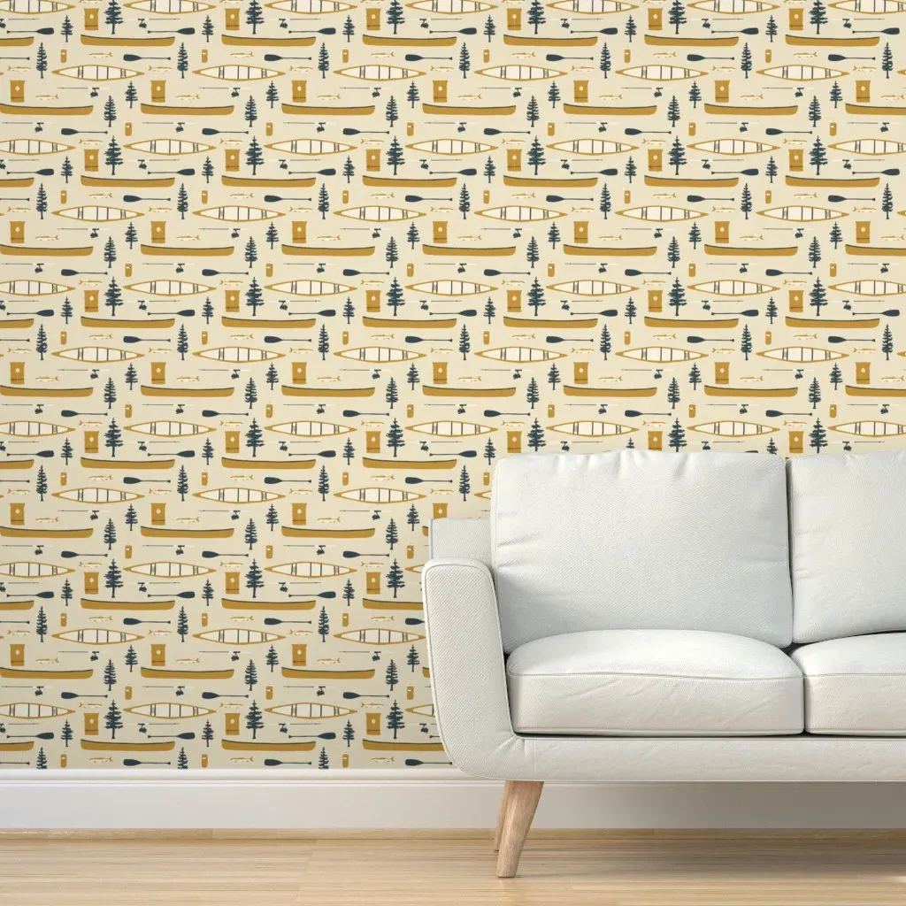 Canoes And Oars By The Lake Peel and Stick Wallpaper - Mustard Yellow product