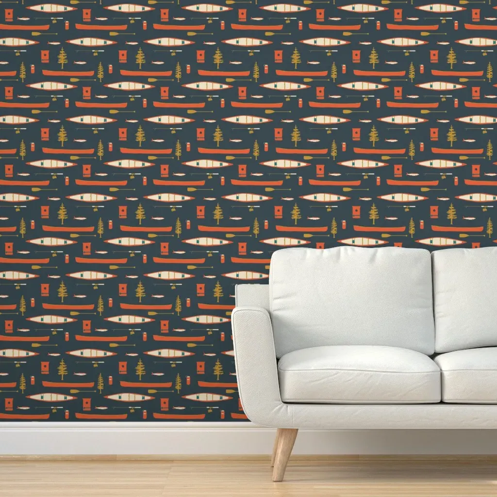 Canoes And Oars On The Lake Peel and Stick Wallpaper - Gray, Blue product