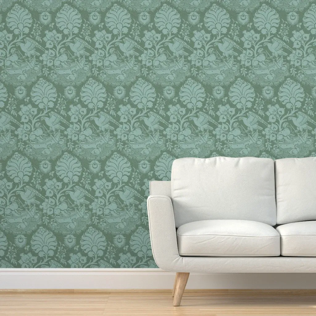 Caravel At Sea 15th Century Gothic Italian Peel and Stick Wallpaper - Sage Green product
