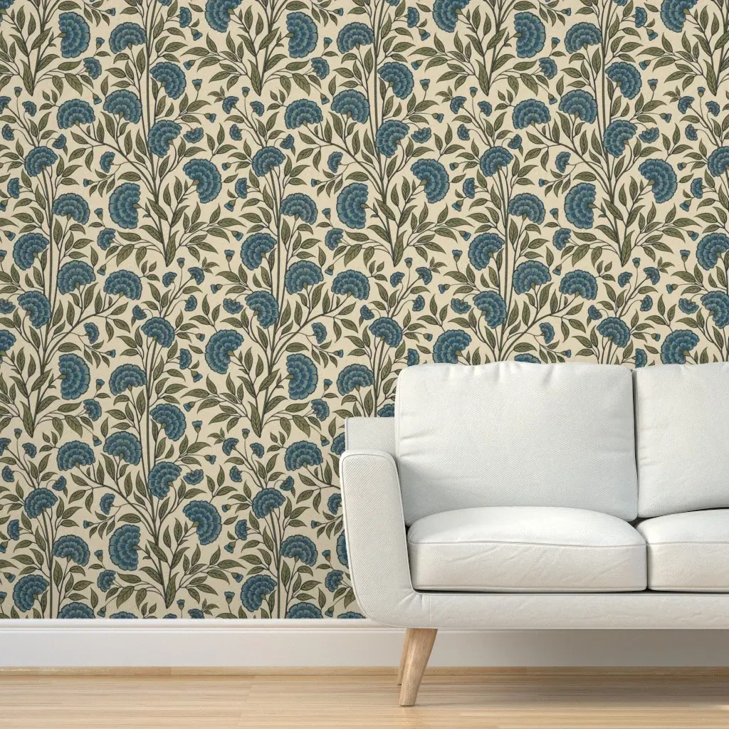 Carnations Arts and Crafts Trailing Floral Peel and Stick Wallpaper - Blue product