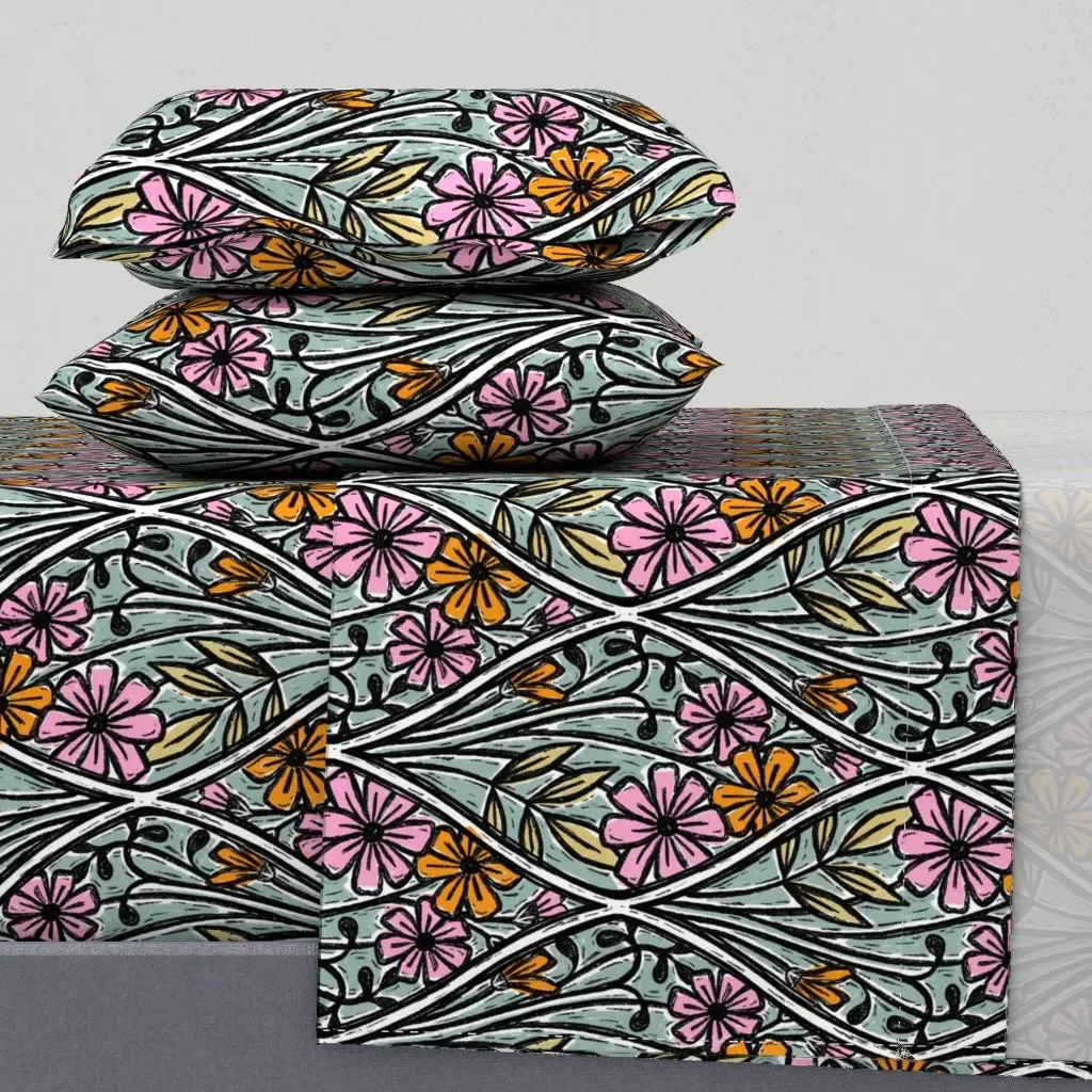 Carver Floral Block Print Full Sheet Set - Pink product