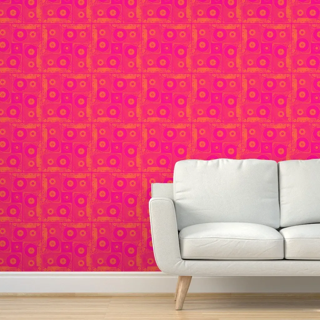 Cassette Tape Reel Peel and Stick Wallpaper - Pink, Orange product