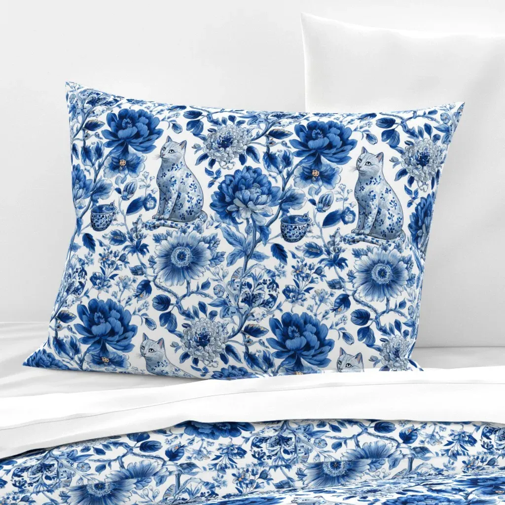 Cat and Floral Chinoiserie Standard Cushion Cover - Blue, Cotton Sateen product