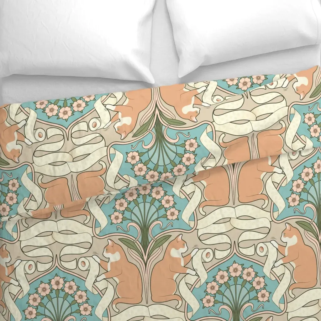 Cat And Toilet Paper Art Duvet Cover - Peach alternate view