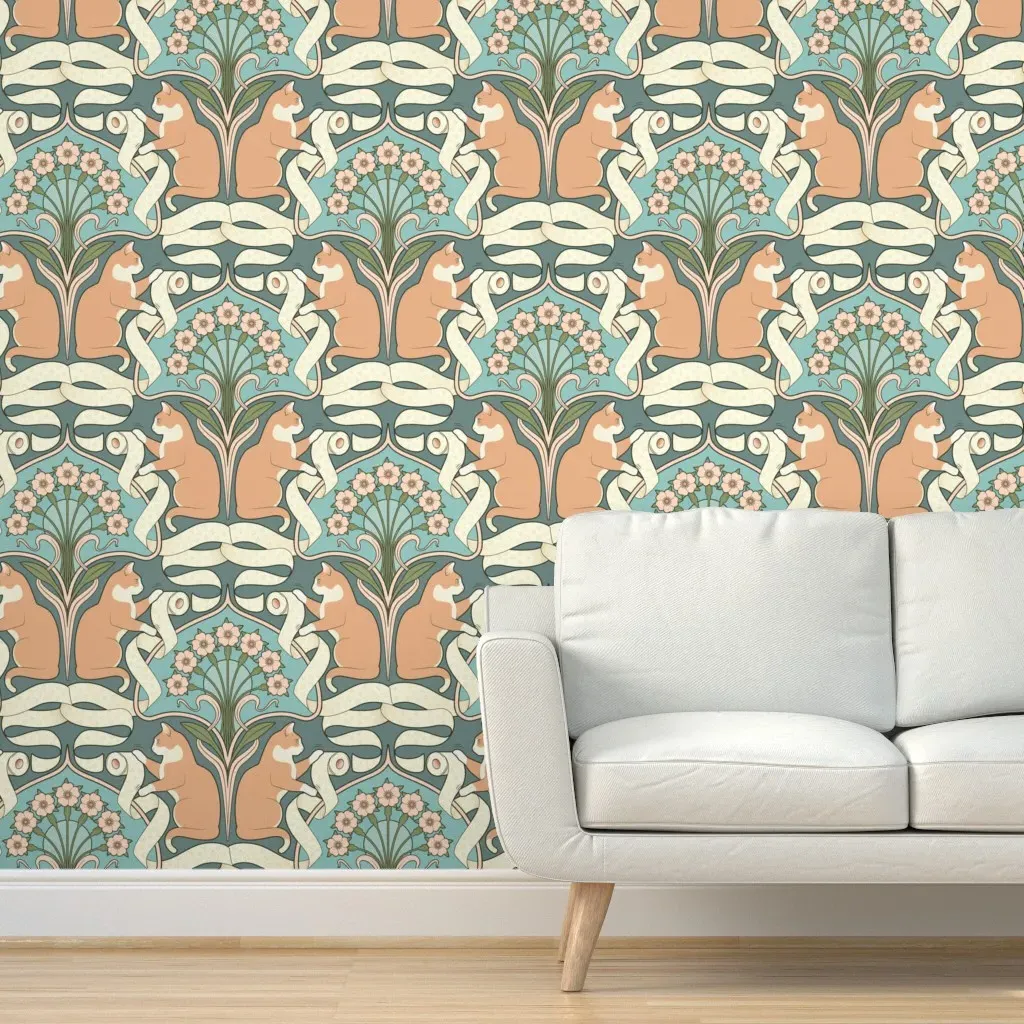 Cat And Toilet Paper Art Nouveau Peel and Stick Wallpaper - Orange product