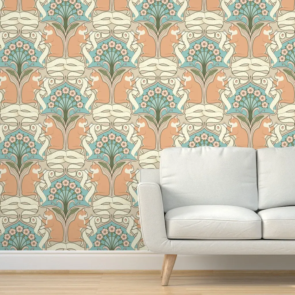 Cat And Toilet Paper Art Nouveau Peel and Stick Wallpaper - Peach product