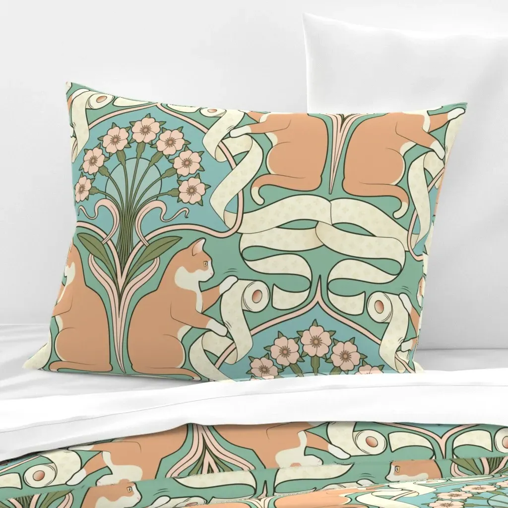 Cat And Toilet Paper Art Nouveau Standard Cushion Cover - Peach, Cotton Sateen product
