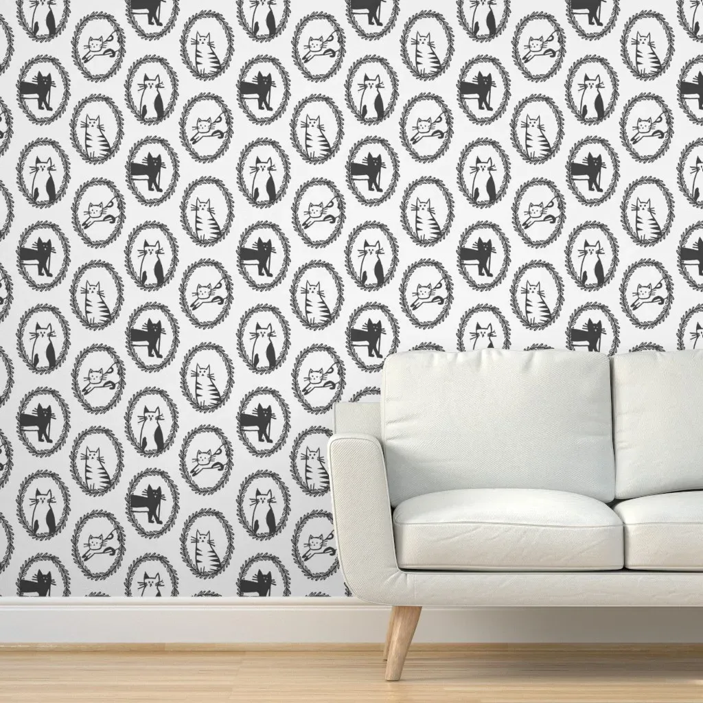 Cat Frames Doodle Blockprint Peel and Stick Wallpaper - Black and White product