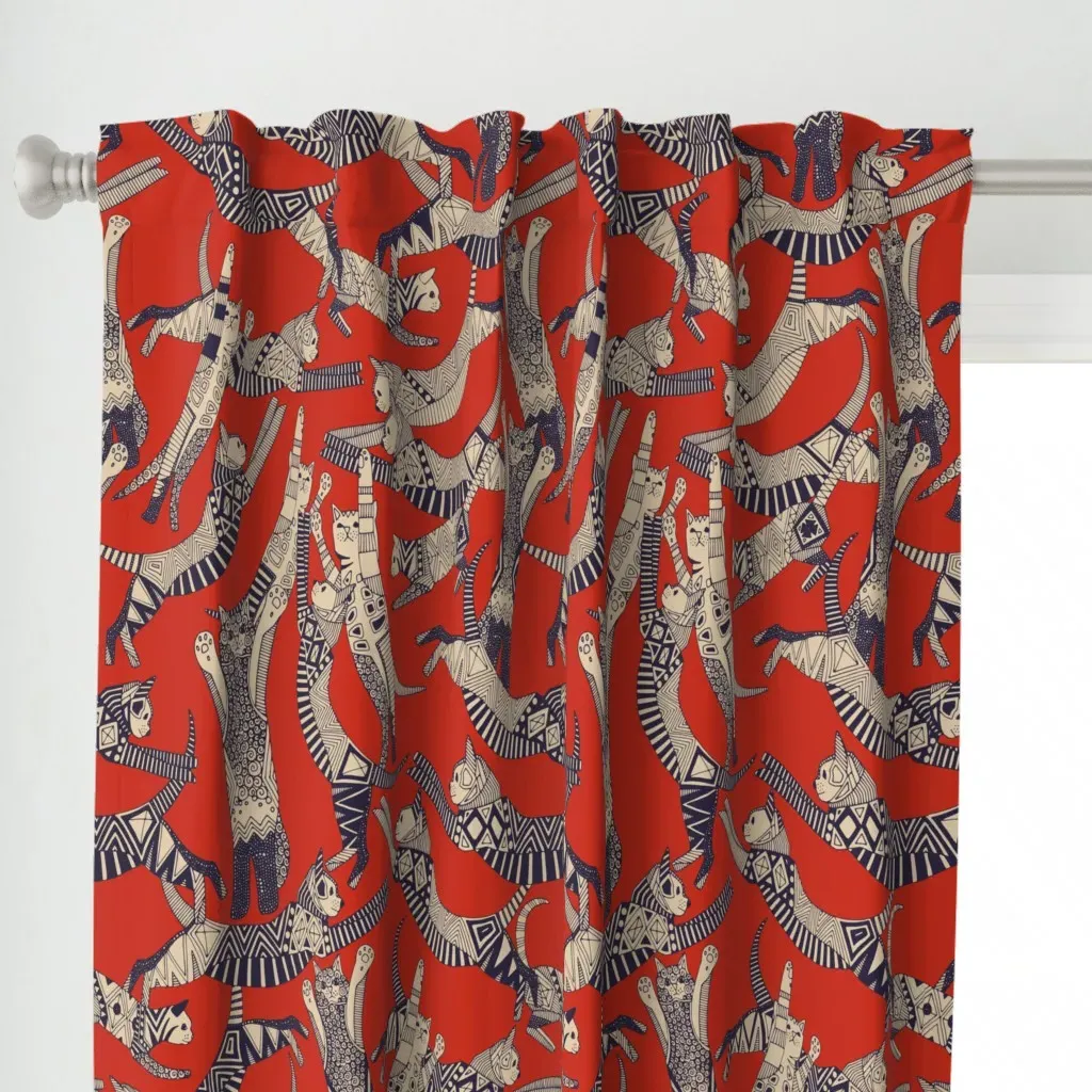 Cat Party Retro Large Curtain Panel - Red alternate view