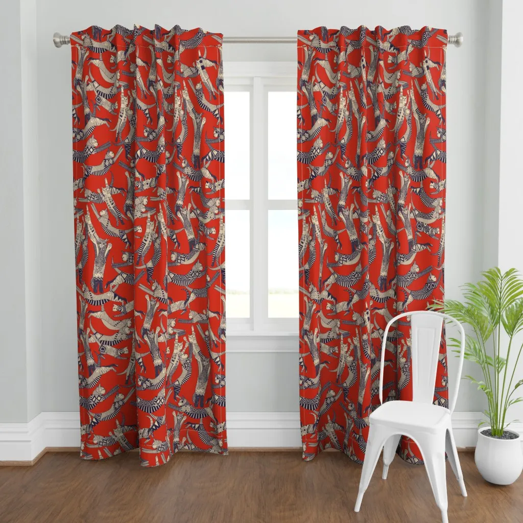 Cat Party Retro Large Curtain Panel - Red product