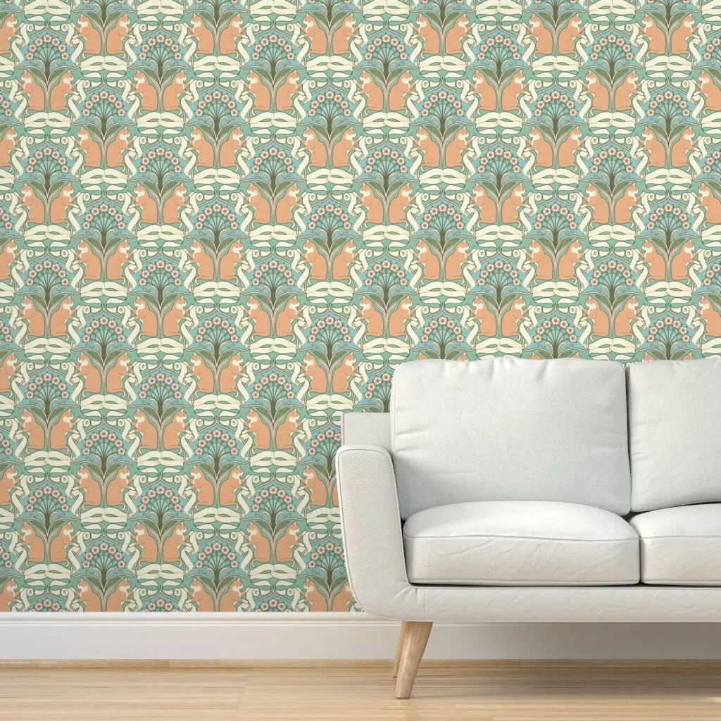 Cat & Toilet Paper Art Nouveau Peel and Stick Wallpaper - Peach product