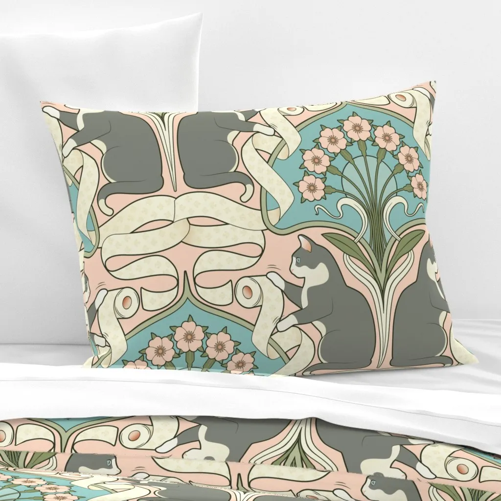 Cat & Toilet Paper Art Nouveau Standard Pillow - Gray, Cotton Sateen product