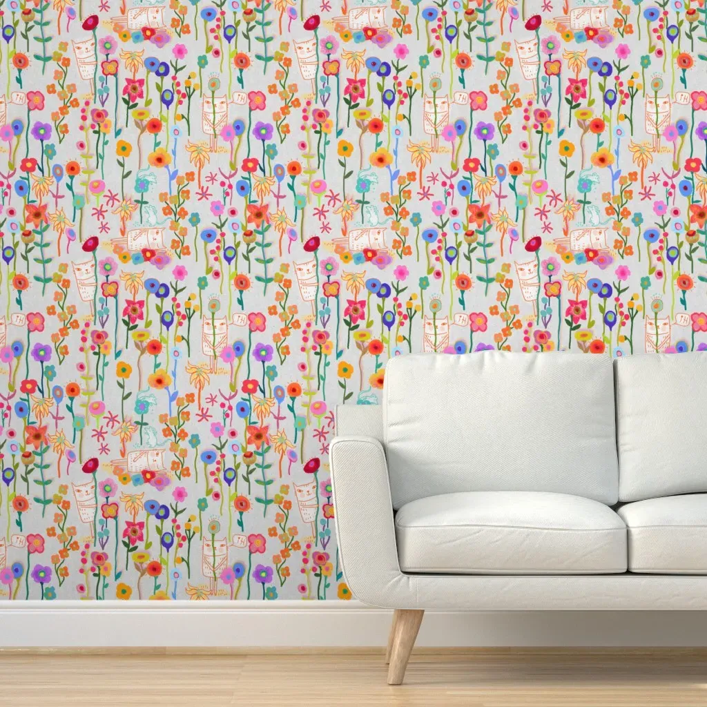 Caterday In The Flower Garden Peel and Stick Wallpaper - White product