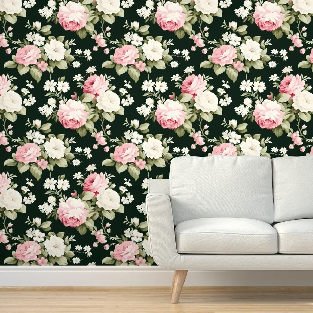 Catherine's Peony Parade Peel and Stick Wallpaper - Midnight Forest Green product