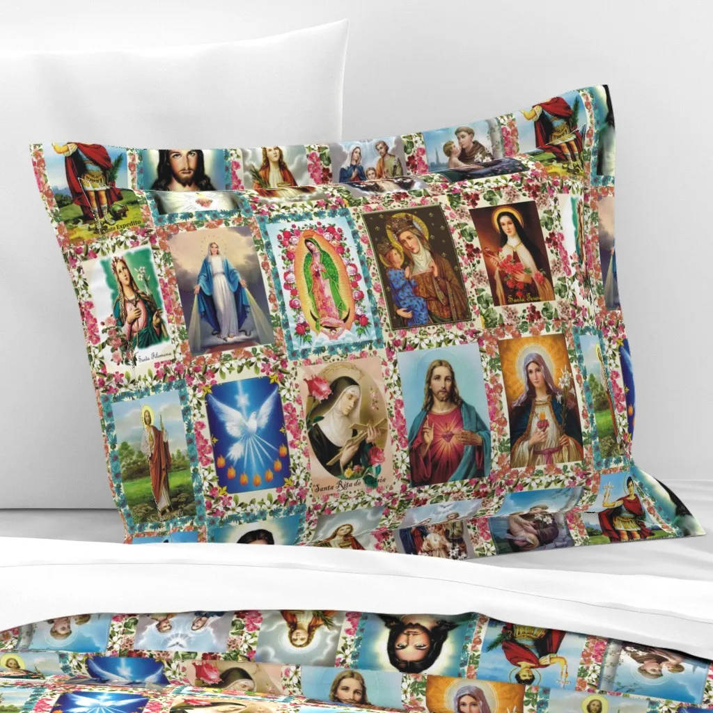 Catholic Saints And Images Collage Standard Flanged Cushion - Cream, Cotton Sateen product
