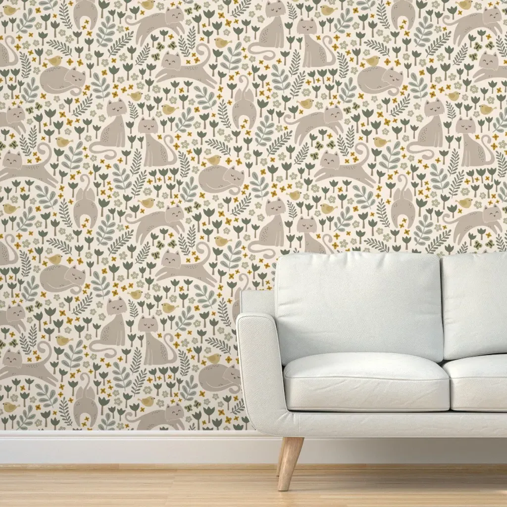Cats and Birds Garden Peel and Stick Wallpaper - Taupe product