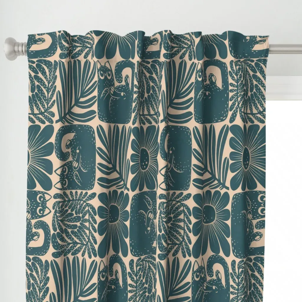 Cats And Flowers Block Curtain Panel - Teal alternate view
