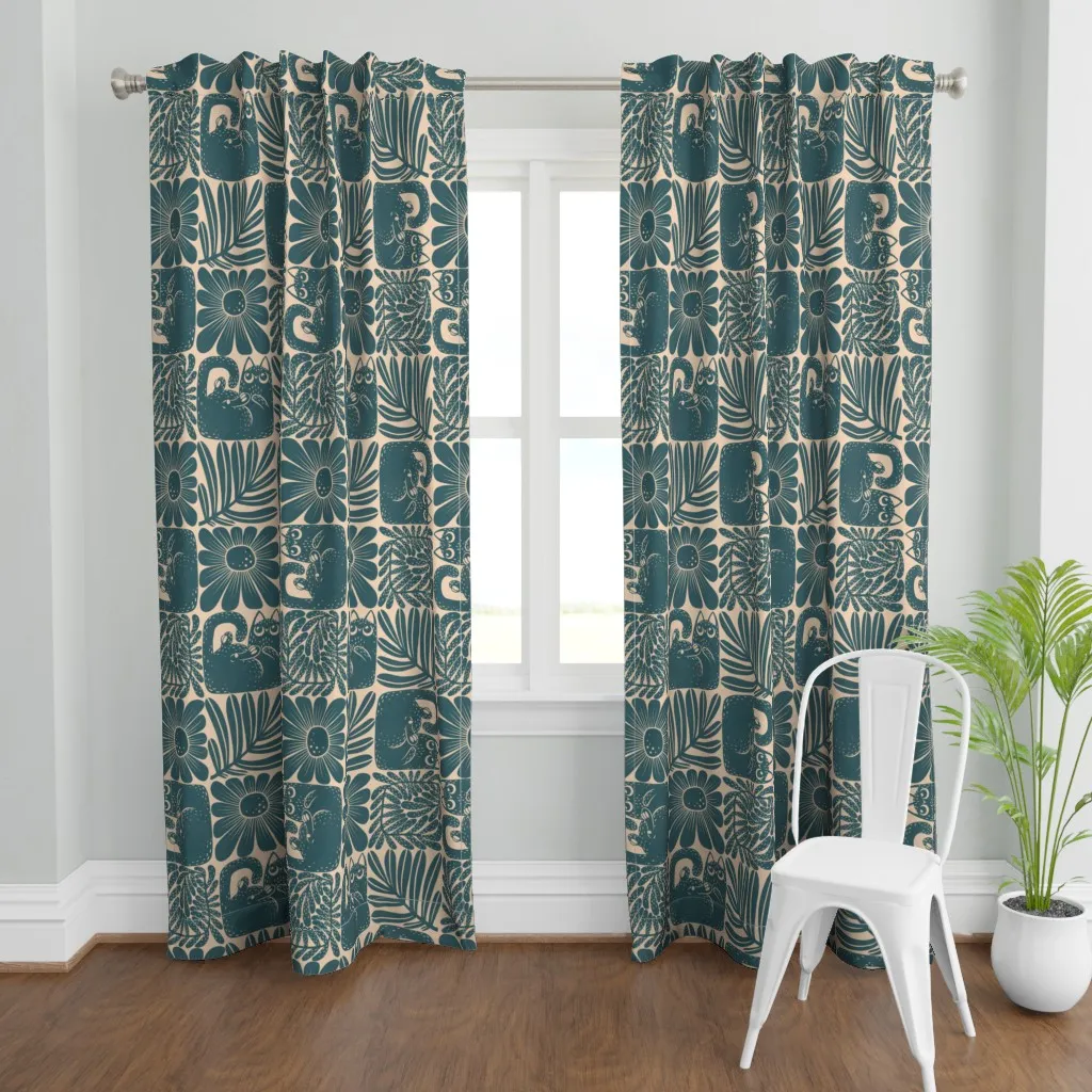 Cats And Flowers Block Curtain Panel - Teal product
