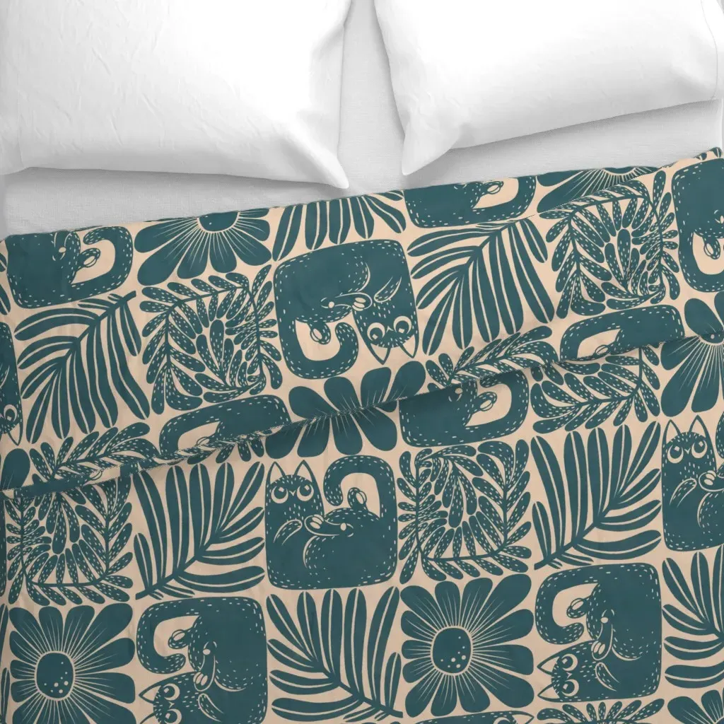 Cats And Flowers Block Print Duvet Cover - Teal alternate view