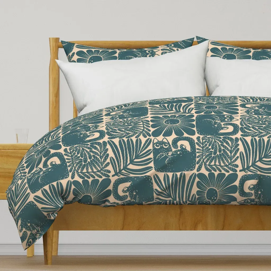 Cats And Flowers Block Print Duvet Cover - Teal product