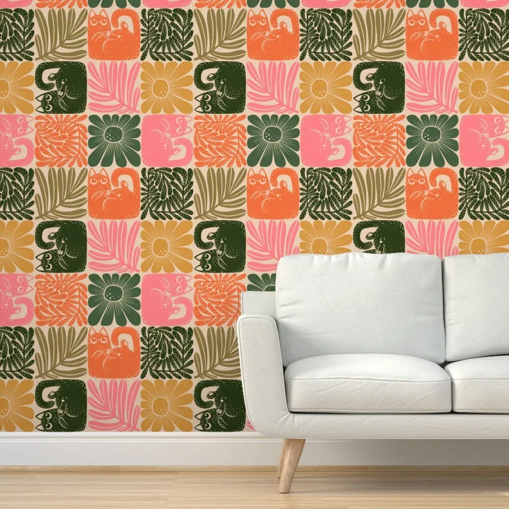 Cats And Flowers Block Print Large Peel and Stick Wallpaper - Pink product