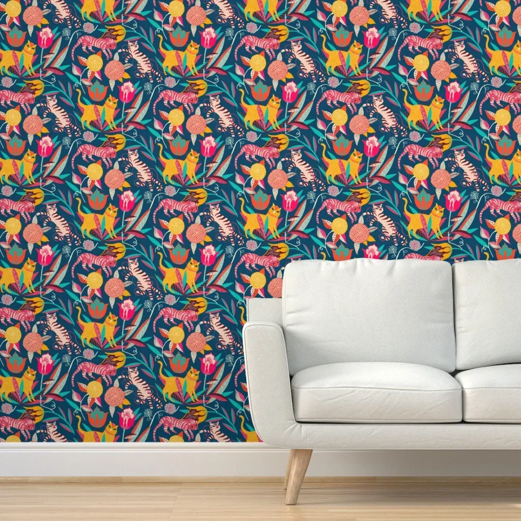 Cats And Flowers Peel and Stick Wallpaper - Pink, Yellow, Blue product