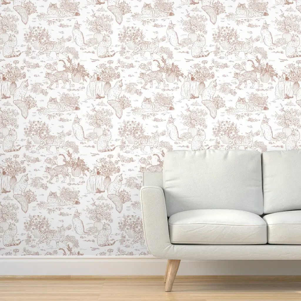 Cats And Flowers Toile Peel and Stick Wallpaper - Mocha Mousse product