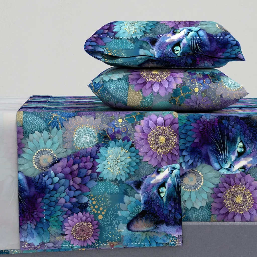 Cats & Boho Purple Flowers Cal King Sheet Set - Blue product