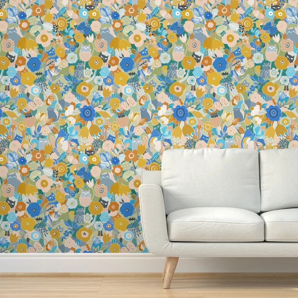 Cats Find Them All Floral Garden Peel and Stick Wallpaper - Mustard Yellow product