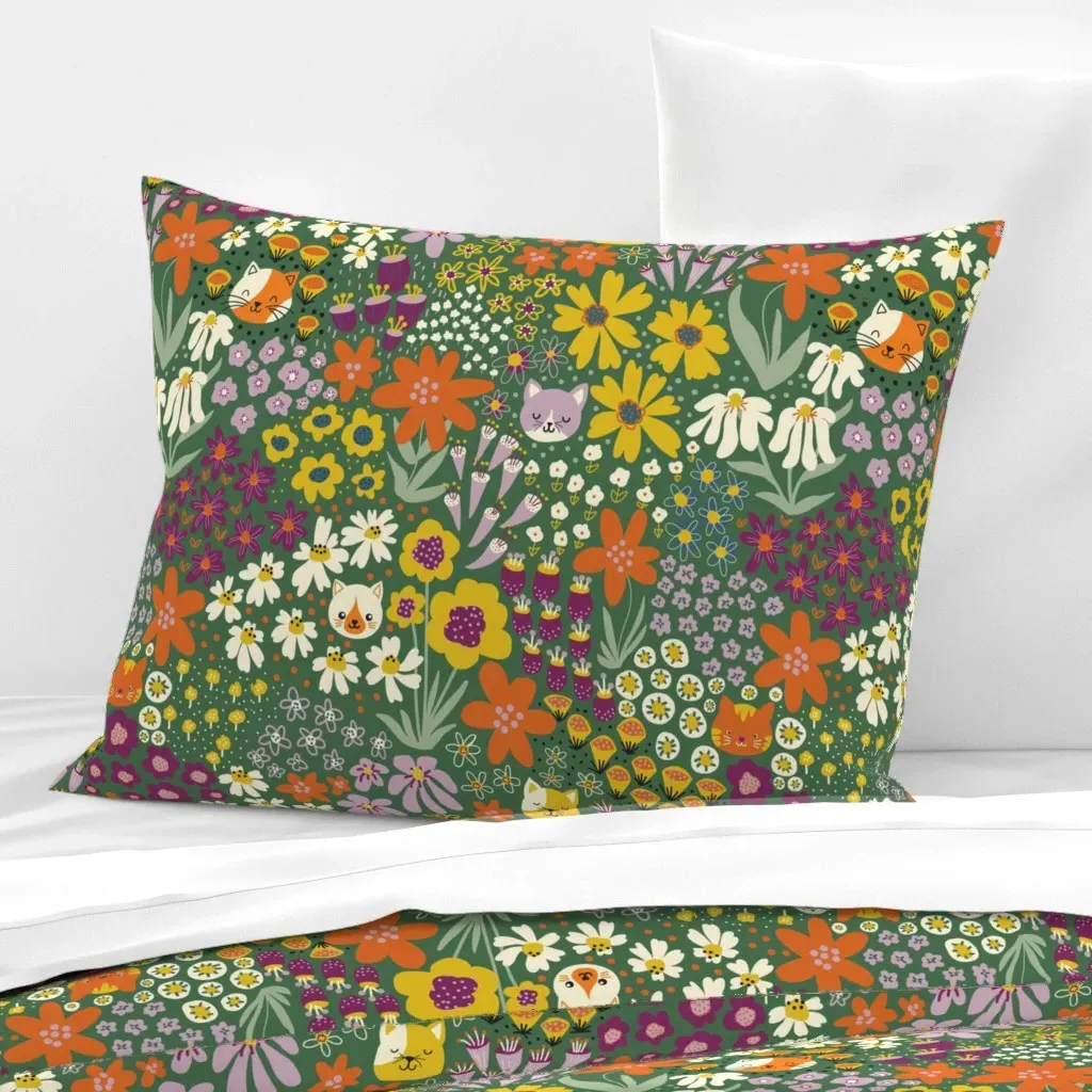 Cats & Flowers Standard Cushion Cover - Orange, Cotton Sateen product