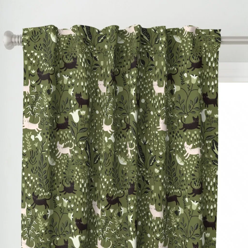 Cats In The Garden Curtain Panel - Olive Green alternate view