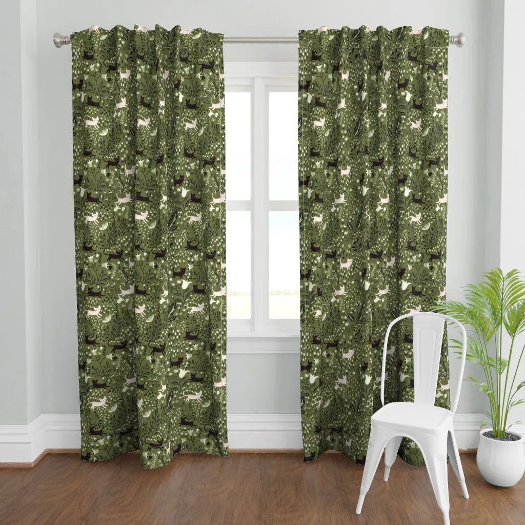 Cats In The Garden Curtain Panel - Olive Green product