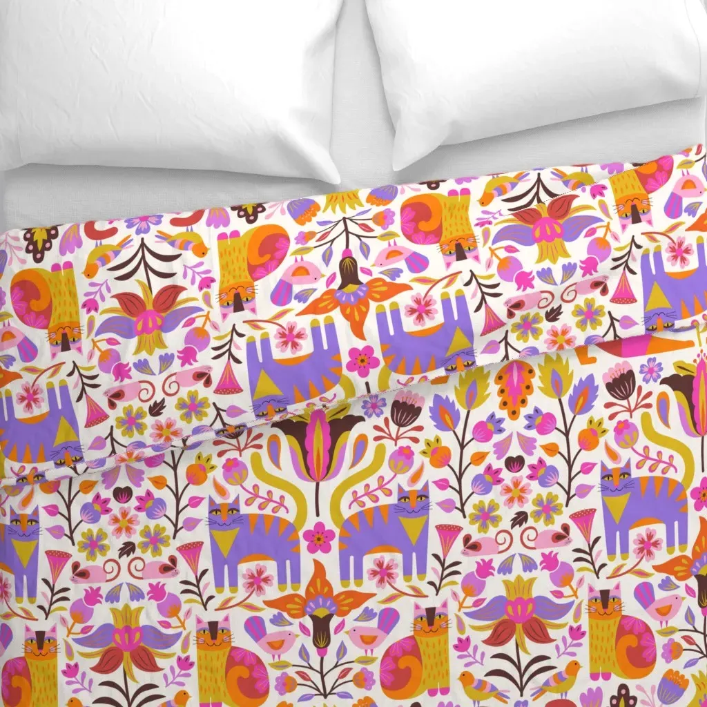 Cats In The Garden Folk Art Duvet Cover - Pink alternate view