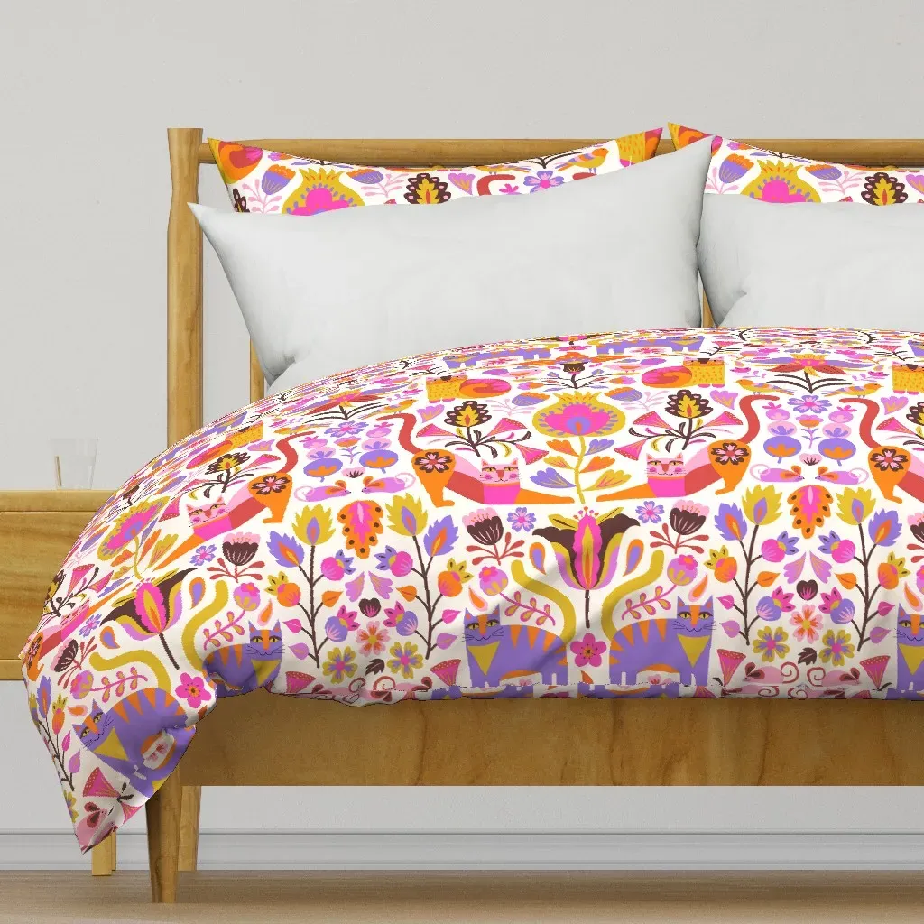 Cats In The Garden Folk Art Duvet Cover - Pink product
