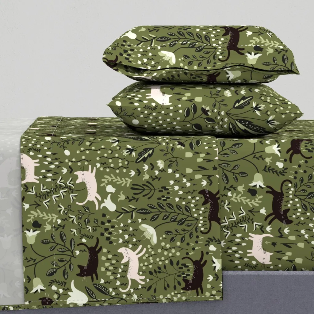 Cats In The Garden Twin Sheet Set - Olive Green product