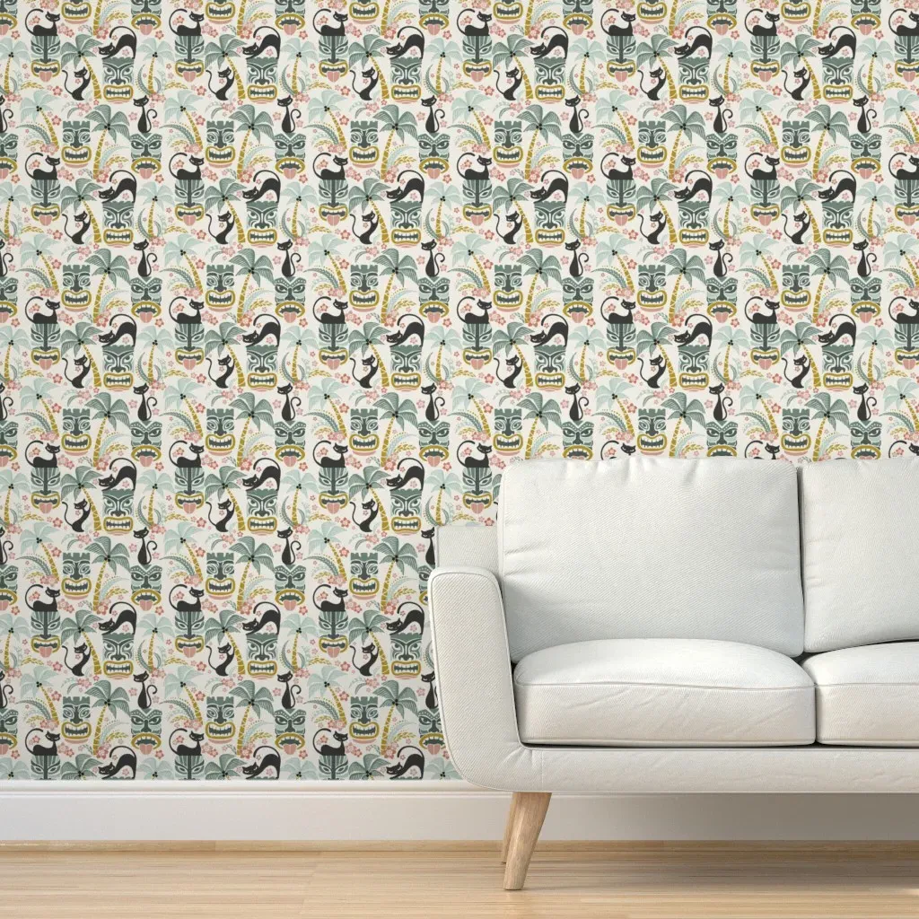 Cats On Vacation Peel and Stick Wallpaper - Green product