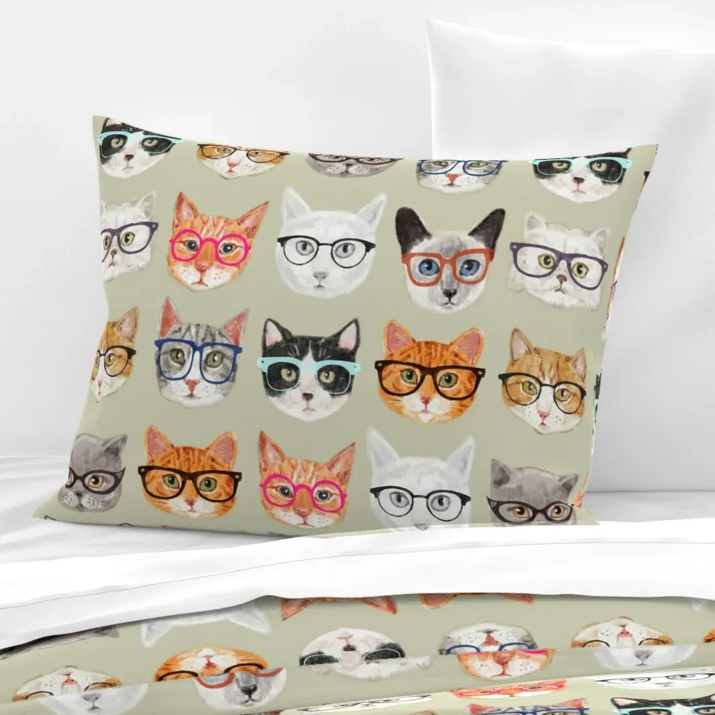 Cats Print Standard Knife Edge Cushion - Sage Green, Cotton Sateen product
