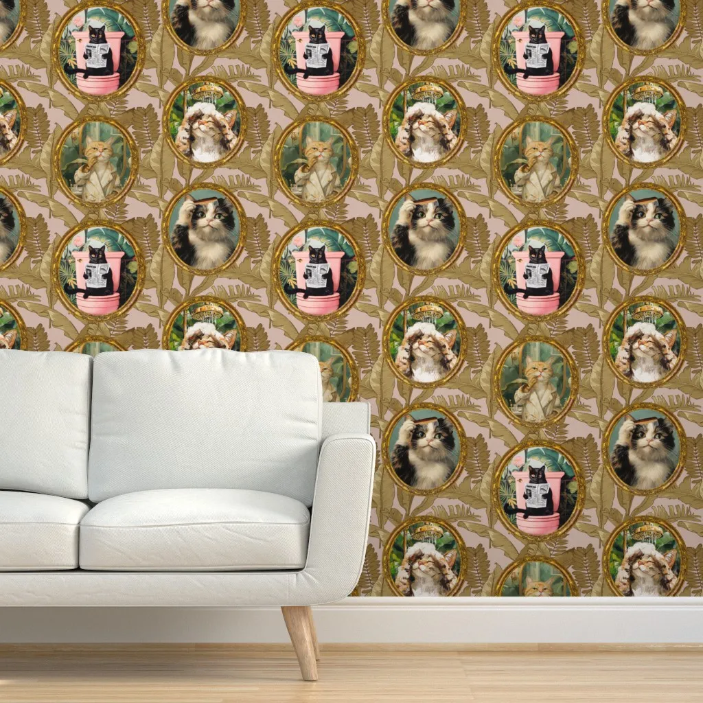 Cats With Sepia Leaves Peel and Stick Wallpaper - Gold product