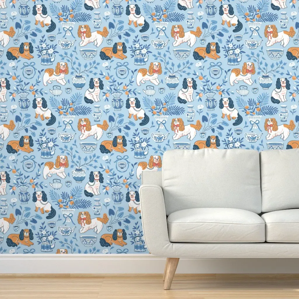 Cavalier King Charles Spaniel Chinoiserie Peel and Stick Wallpaper - Light Blue product