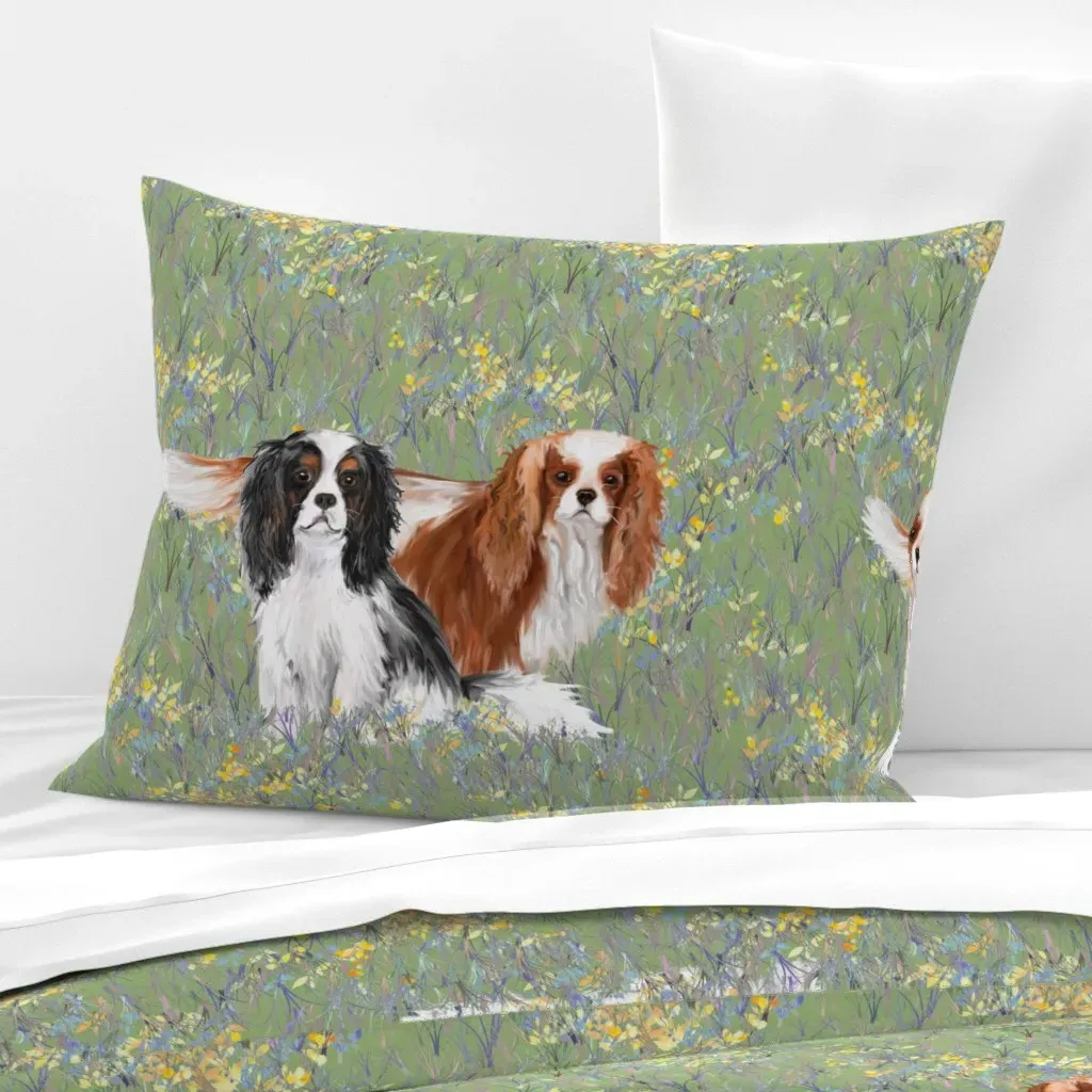 Cavalier King Charles Spaniels Standard Pillow Cover - Green, Cotton product