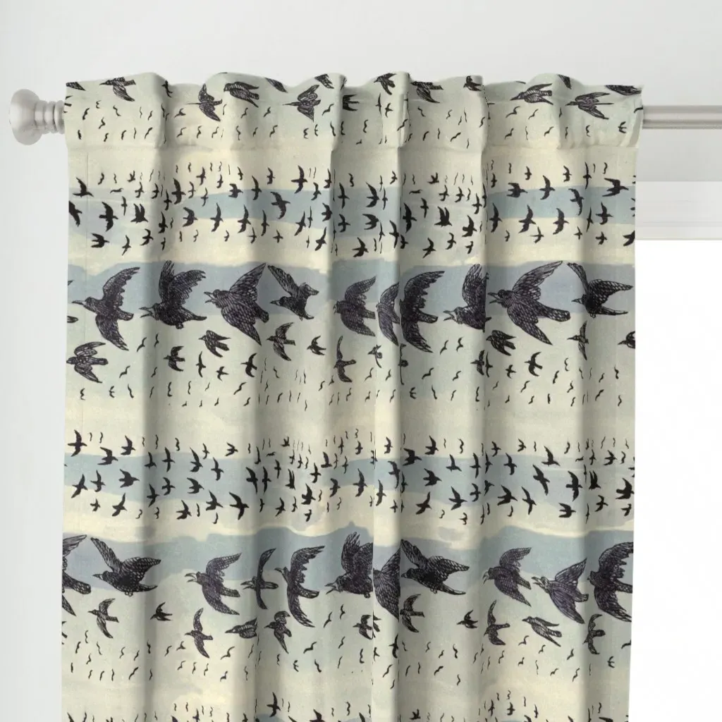 Caw Caw Ecru Blue Curtain Panel - Dark Gray alternate view