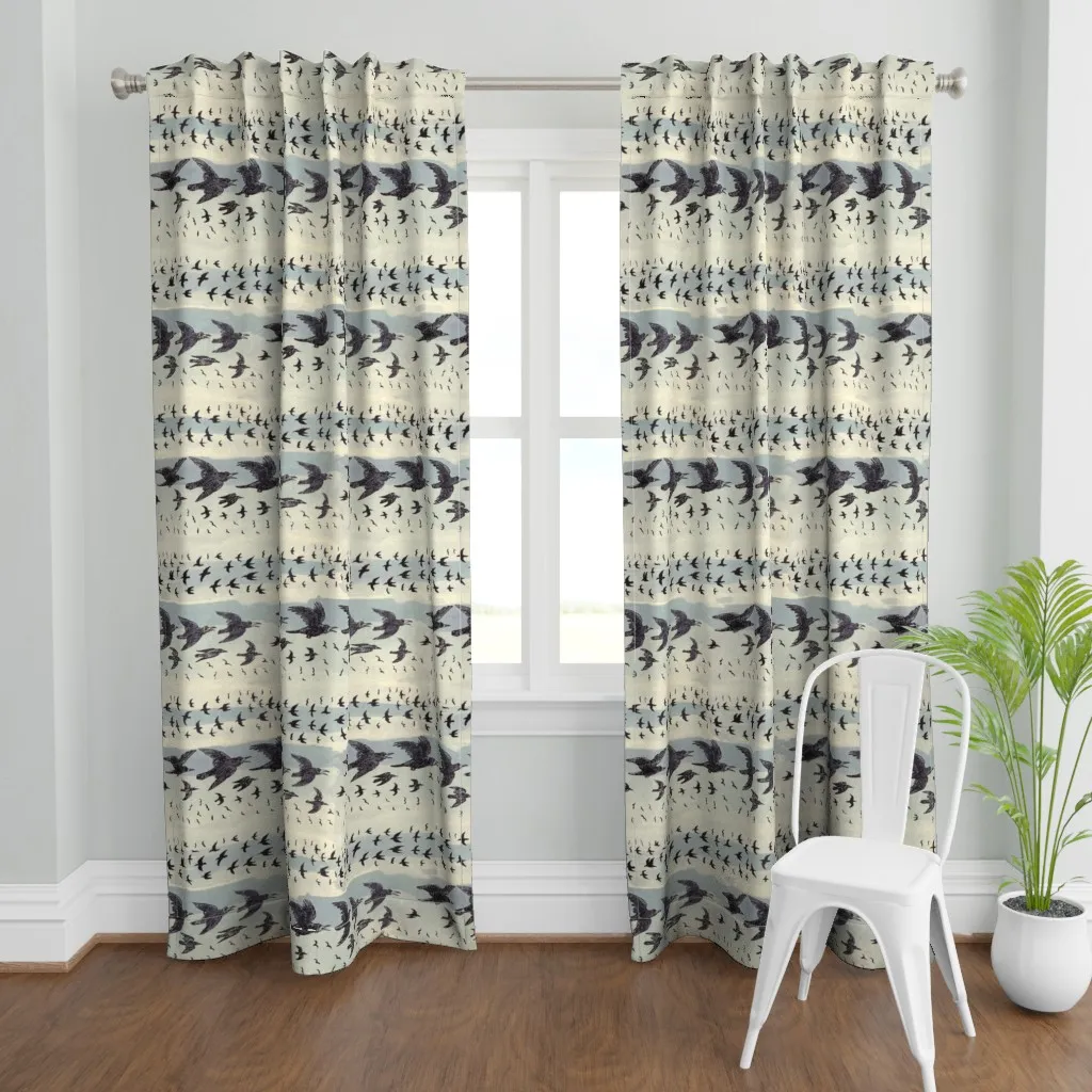 Caw Caw Ecru Blue Curtain Panel - Dark Gray product