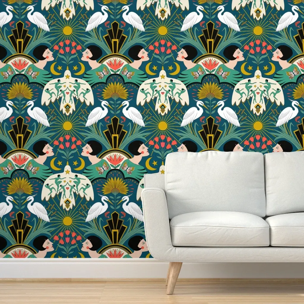 Cecca Designs Art Deco Peel and Stick Wallpaper - Red Jade on Teal product