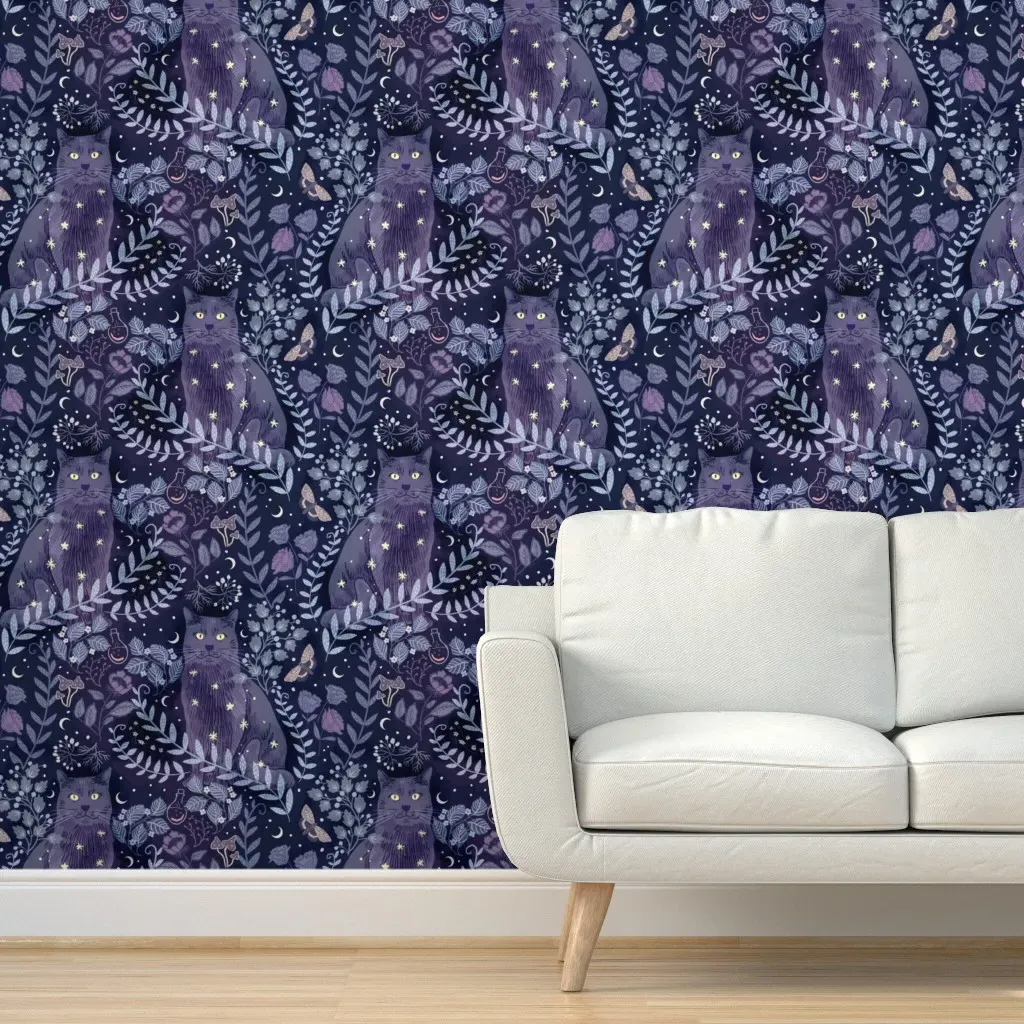 Celestial Black Cat Witchy Cottagecore Peel & Stick Wallpaper - Dark Purple product