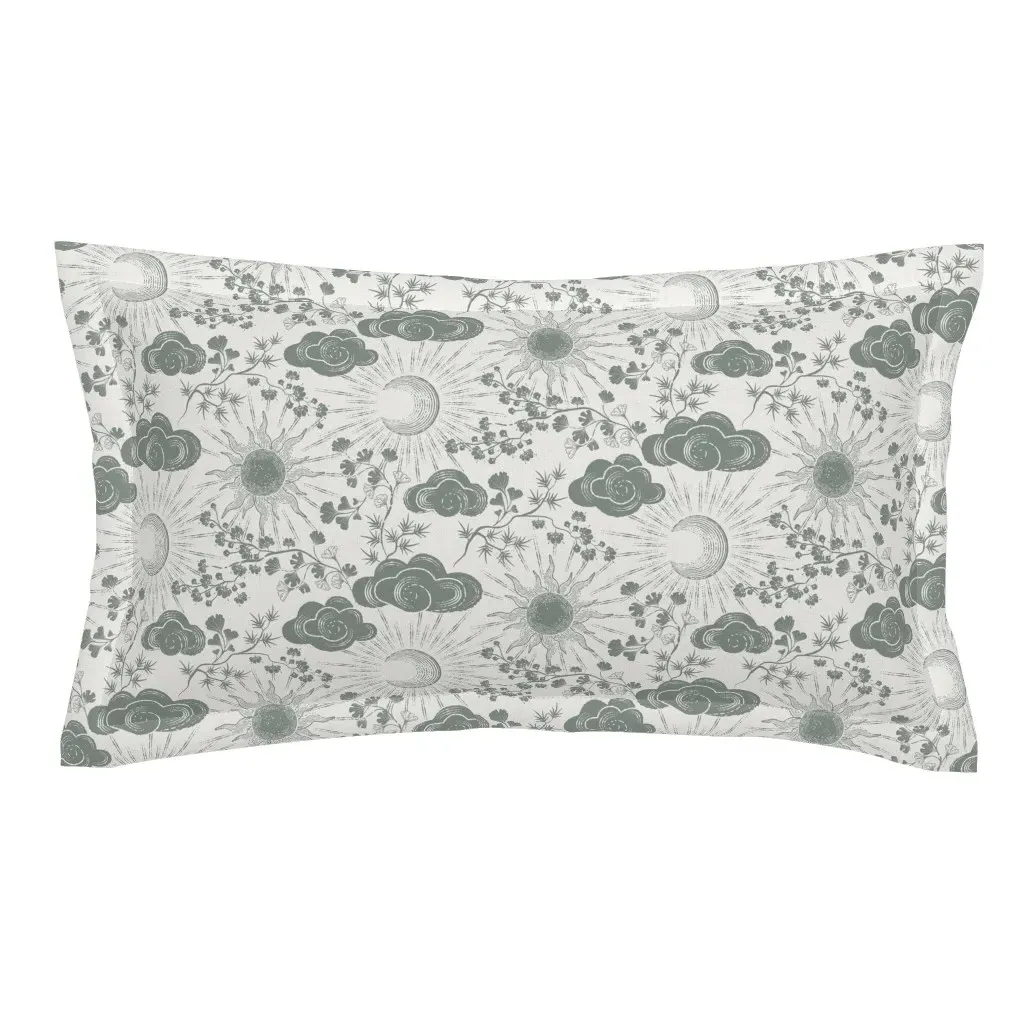 Celestial Sun Moon Clouds Toile De Jouy King Pillow Sham - Sage Green product