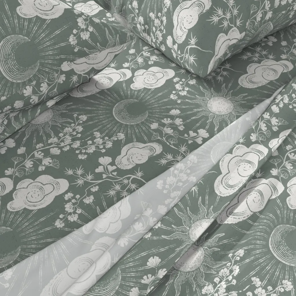 Celestial Sun Moon Clouds Toile De Jouy Queen Sheet Set - Sage Green alternate view
